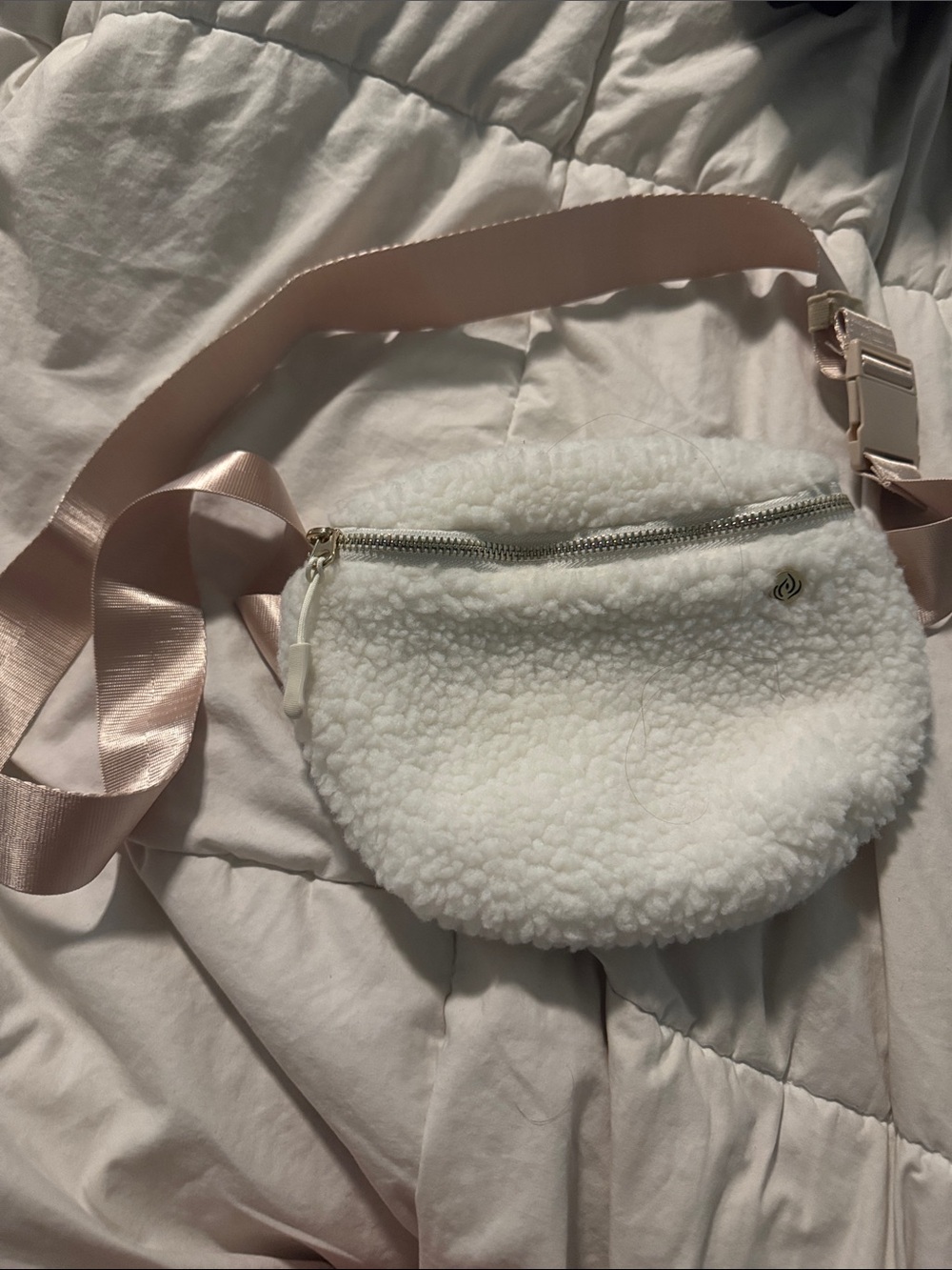 White Sherpa Belt Bag with Pink Strap